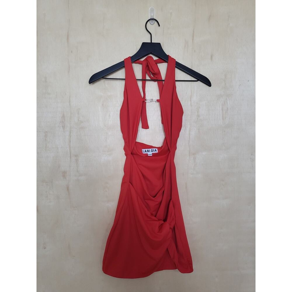 Size:XXS I.Am.Gia Cosma Dress Logo Metal Name Plate Red Halter Cutout